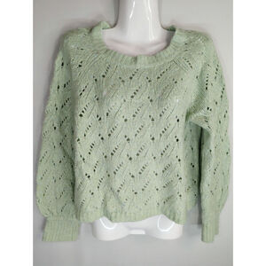 J. Crew Womens Pointelle Balloon Sleeves Sweater Heathered Honeydew Womens Small
